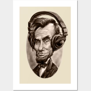 Caricature of Abe Lincoln with Music Headphones Posters and Art